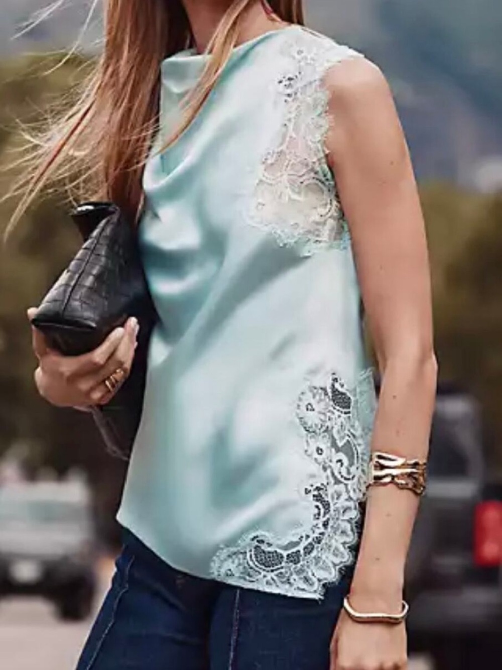 LOFT Light Blue Satin Lace-Trim Tank